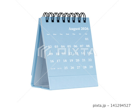 Desktop calendar for August 2026 in blue colour. Mini planner for business and finance, spiral view on isolated white background 141294527