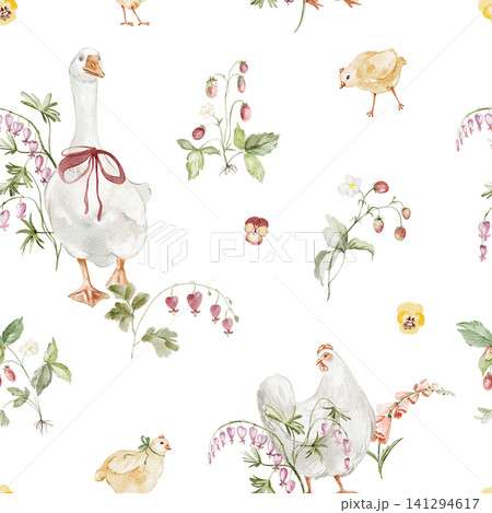 Farm Birds Seamless Watercolor Pattern with Geese, Chickens and Chicks 141294617