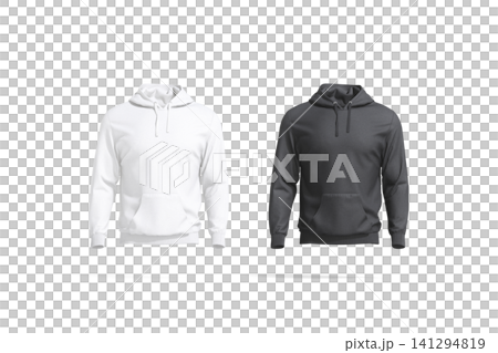 Blank black and white sport hoodie with hood mockup png, transparent background, 3d rendering. Empty daily hooded sweatshirt mock up cut out. Clear long fleece or cotton hoodi template. Blank black and white sport hoodie with hood mockup png, transparent background, 3d rendering. Empty daily hooded sweatshirt mock up cut out. Clear long fleece or cotton hoodi template. 141294819