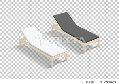 Blank black and white hotel lounger mockup png, transparent background, 3d rendering. Empty lounge with mattress spa or pool mock up cut out. Clear resort deckchair for sunbathing vacation template. 141294824