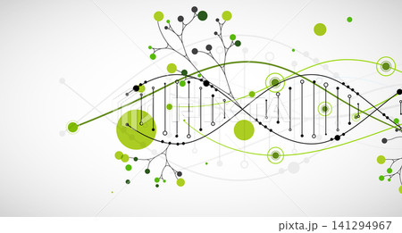 Abstract green DNA helix with digital data dots and clean background. Vector illustration 141294967