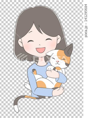 一幅描繪女子快樂地抱著貓的插圖。 一幅描繪女子快樂地抱著貓的插圖。 141295684