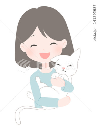 嬉しそうに猫を抱っこする女性のイラスト 嬉しそうに猫を抱っこする女性のイラスト 141295687