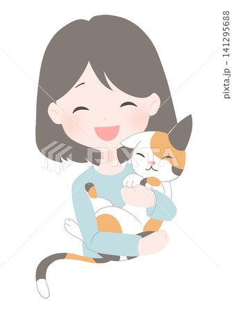 嬉しそうに猫を抱っこする女性のイラスト 嬉しそうに猫を抱っこする女性のイラスト 141295688
