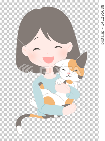 嬉しそうに猫を抱っこする女性のイラスト 嬉しそうに猫を抱っこする女性のイラスト 141295688
