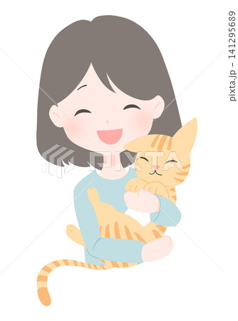 嬉しそうに猫を抱っこする女性のイラスト 嬉しそうに猫を抱っこする女性のイラスト 141295689