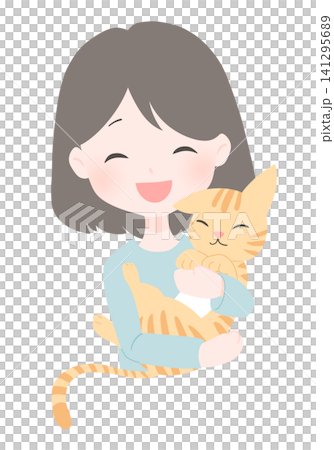 嬉しそうに猫を抱っこする女性のイラスト 嬉しそうに猫を抱っこする女性のイラスト 141295689