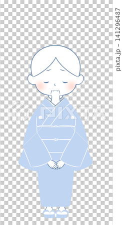 An illustration of an elderly woman wearing a kimono in mourning attire. 141296487