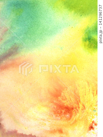 A vibrant and colourful watercolour abstract painting on canvas painted with wild and free brush strokes 141296737