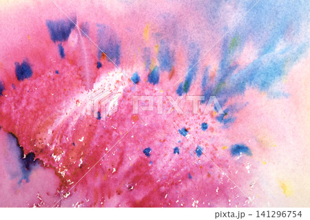 A vibrant and colourful watercolour abstract painting on canvas painted with wild and free brush strokes 141296754
