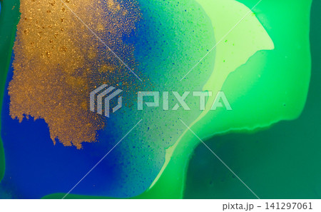 Abstract Green Flow and Golden Glitter Original Hand Drawn Artwork Illustration Made with Ink on Paper. Abstract Green Flow and Golden Glitter Original Hand Drawn Artwork Illustration Made with Ink on Paper. 141297061