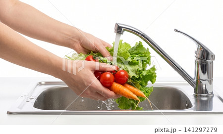 Washing fresh garden vegetables under running water in a stainless steel kitchen sink basin with vegetables cleaning culinary preparation ingredient nutrition domestic vegetarian stainless 141297279