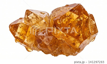 Large translucent amber brown sugar crystal piece with transparent ingredient granulated sweetener reflection crystallized close-up isolated background culinary unrefined nutrient 141297283