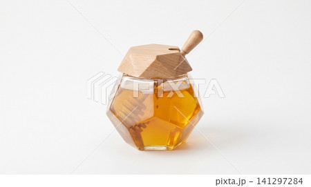 Glass honey pot with wooden dipper and golden honey ingredient sweetener isolated background breakfast reflection transparent container culinary nutrition dripping 141297284