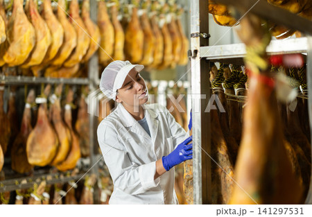 female worker checks the quality of jamon in a factory female worker checks the quality of jamon in a factory 141297531
