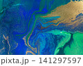 Abstract Original Hand Drawn Blue Wave and Gold Glitter Liquid Inks Illustration. Agate Artwork Imitation. 141297597