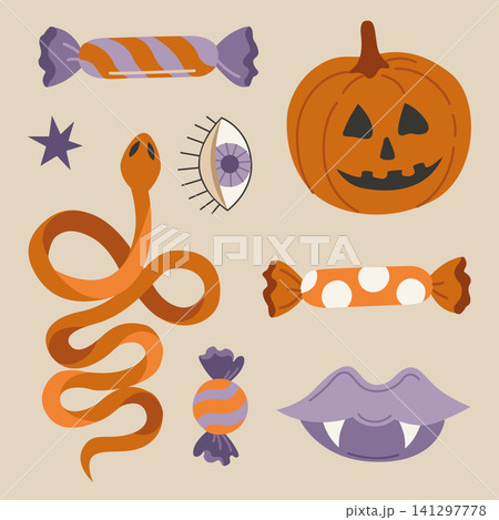 Hand-drawn Halloween spooky treats, candy set with sweets, vampire lips, snake and Jack-o-lantern pumpkin face for packaging Hand-drawn Halloween spooky treats, candy set with sweets, vampire lips, snake and Jack-o-lantern pumpkin face for packaging 141297778