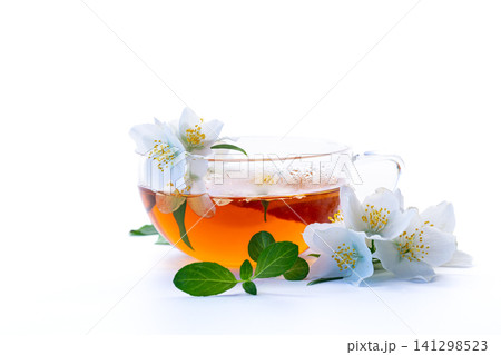 aromatic jasmine flower tea isolated on white background aromatic jasmine flower tea isolated on white background 141298523