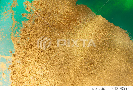 Abstract Original Hand Drawn Green Artwork Liquid Inks Illustration with Gold Glitter Text Space. 141298559