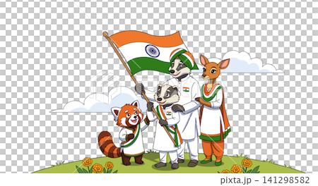 インド国旗を持つかわいい動物キャラクターのイラスト インド国旗を持つかわいい動物キャラクターのイラスト 141298582