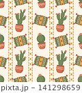 Cute Boho Cactus and Pillow Seamless Pattern, Pastel Earth Tone Checkered Plaid Alternative Background, Minimalist Botanical Home Decor Wallpaper for Kids Fabric Print and Wrap Paper 141298659