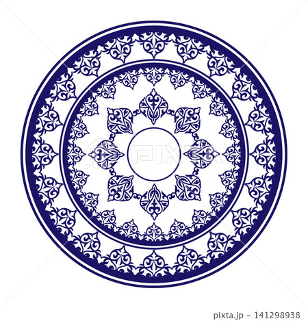 Vintage, ethnic vector round frame arabesque. Blue white decorative ceramic plate with oriental ornaments. For round surfaces, household utensils, textiles, embroidery, plate, ceramic Vintage, ethnic vector round frame arabesque. Blue white decorative ceramic plate with oriental ornaments. For round surfaces, household utensils, textiles, embroidery, plate, ceramic 141298938