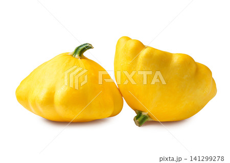Two yellow pattypans, patisson squashes isolated on white background, summer vegetable, healthy food 141299278