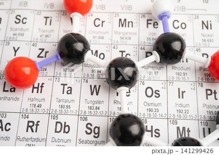 Molecules chemical on a periodic table background. 141299426