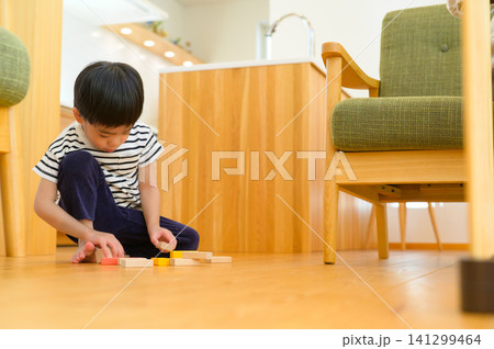 積み木で遊ぶ日本人の男の子 141299464