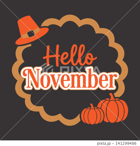 Hello November typography text with pumpkins and pilgrim hat thanksgiving concept isolated 141299486