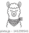 Cute llama head line art illustration with bandana on neck 141299541
