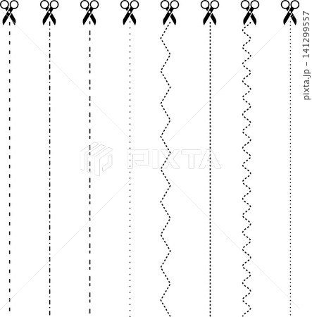 Scissors cutting practice worksheet template with dash and wavy lines for kids handwriting development 141299557