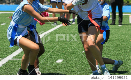Players Reach for the Flag During a Competitive Flag Football Game Players Reach for the Flag During a Competitive Flag Football Game 141299921