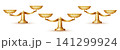 Scales balance, weight measure comparison, gold libra weigh,  bowls in equilibrium, imbalance. Justice law judgement, legal fairness, equality. Vintage mass measurement tool for business trade. Vector 141299924