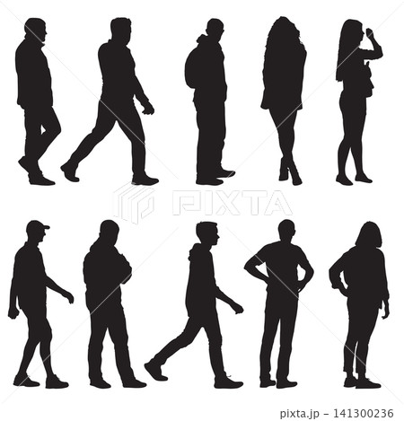 Collection of black silhouettes of standing and walking men and women isolated on white background. Collection of black silhouettes of standing and walking men and women isolated on white background. 141300236