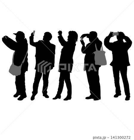 Collection of black silhouettes of a man and woman taking photos with smartphones, isolated on a white background, featuring different standing poses and mobile phone use Collection of black silhouettes of a man and woman taking photos with smartphones, isolated on a white background, featuring different standing poses and mobile phone use 141300272