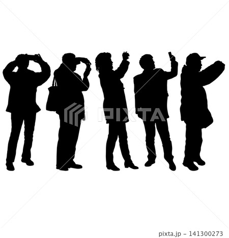 Collection of black silhouettes of a man and woman taking photos with smartphones, isolated on a white background, featuring different standing poses and mobile phone use Collection of black silhouettes of a man and woman taking photos with smartphones, isolated on a white background, featuring different standing poses and mobile phone use 141300273