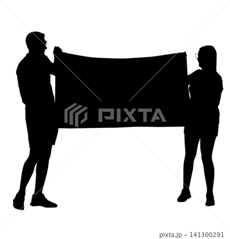 Black silhouettes of a man and woman holding a blank banner isolated on a white background, people presenting an empty sign for advertising or promotion Black silhouettes of a man and woman holding a blank banner isolated on a white background, people presenting an empty sign for advertising or promotion 141300291
