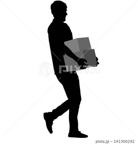 Black silhouette of a man carrying cardboard boxes isolated on a white background, male worker transporting packages and cargo by hand Black silhouette of a man carrying cardboard boxes isolated on a white background, male worker transporting packages and cargo by hand 141300292
