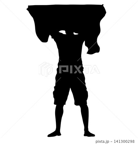 Black silhouette of a man holding a blank banner above his head isolated on a white background, male person displaying an empty sign for advertising or message Black silhouette of a man holding a blank banner above his head isolated on a white background, male person displaying an empty sign for advertising or message 141300298