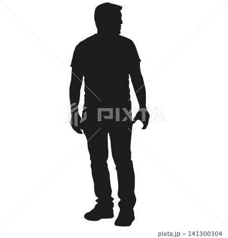 Black silhouette of a standing or walking man isolated on white background. 141300304