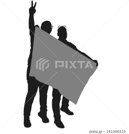 Black silhouettes of two men holding a blank banner isolated on a white background, male people presenting an empty sign for advertising, promotion, or information 141300315