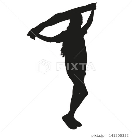Black silhouette of a woman holding a blank banner isolated on a white background, female person presenting an empty sign for advertising, promotion, or information 141300332