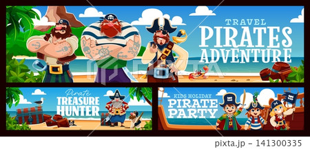 Cartoon pirate and corsair sailors characters. Banners with ship crew on sunny tropical beach with treasure chest, barrels, palm trees and a playful crab. Fun holiday summer party adventure banners Cartoon pirate and corsair sailors characters. Banners with ship crew on sunny tropical beach with treasure chest, barrels, palm trees and a playful crab. Fun holiday summer party adventure banners 141300335