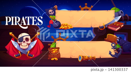 Pirate game or holiday party banners with ship deck at night featuring skull with eye patch and crossed swords, treasure coins, spyglass, cannon, anchor or steering wheel evoking adventure corsair fun Pirate game or holiday party banners with ship deck at night featuring skull with eye patch and crossed swords, treasure coins, spyglass, cannon, anchor or steering wheel evoking adventure corsair fun 141300337