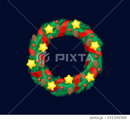 Christmas fir tree wreath decoration, festive pine branch winter holiday decor. Vector round natural evergreen garland with red ribbon, star ornaments, pinecones and berries arranged in circular frame Christmas fir tree wreath decoration, festive pine branch winter holiday decor. Vector round natural evergreen garland with red ribbon, star ornaments, pinecones and berries arranged in circular frame 141300360