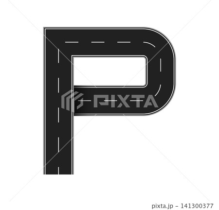 Letter P formed from an asphalt road with dashed centerlines creating parking abc symbol. English alphabet character for highway route signage, transportation navigation, urban infrastructure or map Letter P formed from an asphalt road with dashed centerlines creating parking abc symbol. English alphabet character for highway route signage, transportation navigation, urban infrastructure or map 141300377