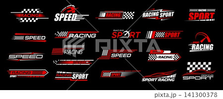 Race car stickers, racing sport decal labels, rally motorsport vector emblems with checkered flags and stripes. Red, black and white with dynamic motion effects Race car stickers, racing sport decal labels, rally motorsport vector emblems with checkered flags and stripes. Red, black and white with dynamic motion effects 141300378