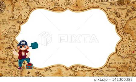 Kids pirate diploma certificate with funny corsair and treasure map frame. Kid boy pirate with treasure chest and spade on Caribbean Island map for diploma certificate or appreciation letter award 141300385