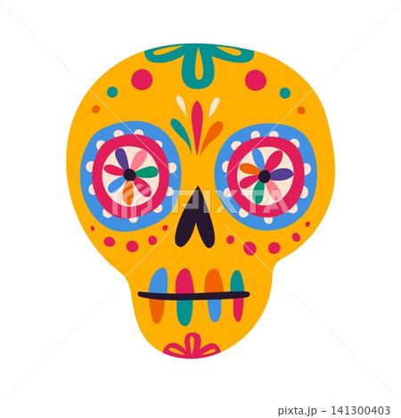 Mexican Day of the Dead orange color ornate calavera sugar skull. Day of the Dead skeleton, Dia de Los Muertos vector decoration. Hispanic culture sugar skull with flower ornaments, petals patterns 141300403